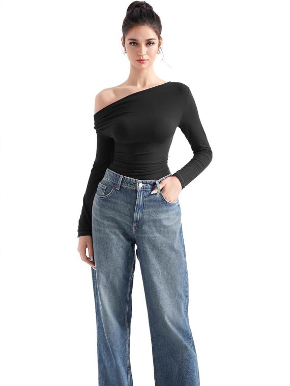 Women's Slim-Fit Long-Sleeve T-Shirt with Oblique Neckline – Sleek & Stylish for Every Occasion - Image 2